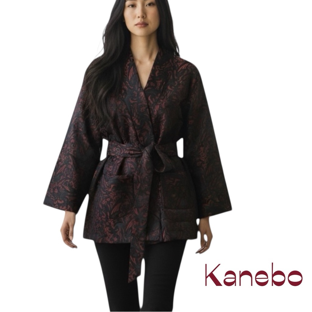 Kanebo Red Black Pure Silk Belted Long Sleeve Jacket Vintage 1970s Size XL
